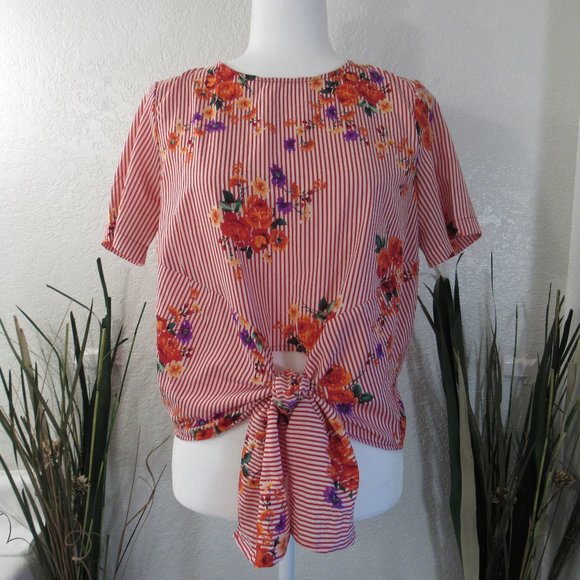 bleuh ciel Tops - Stripe Floral Front Tie Boho Women's Top Sz M